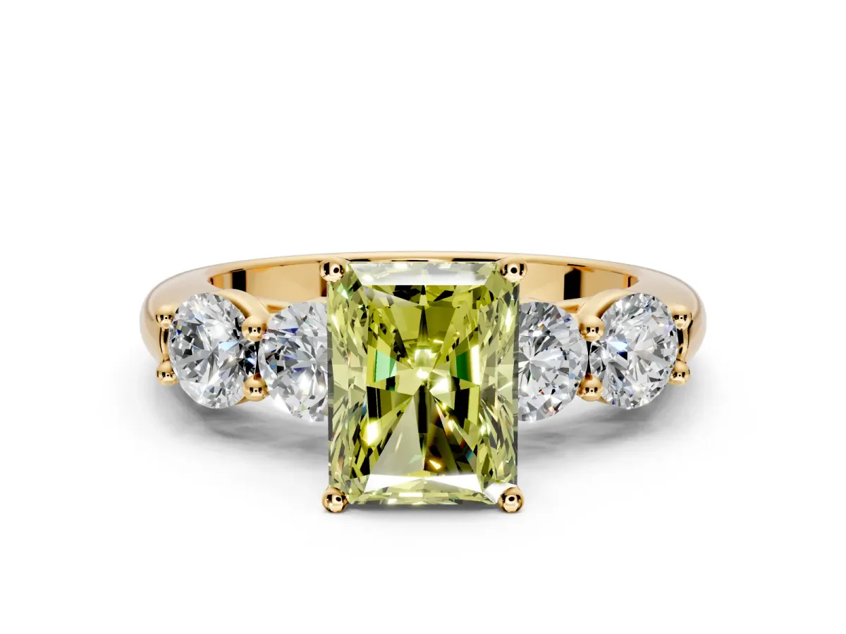 5 Stone Engagement Ring Setting for Fancy Yellow Radiant Cut Center with Graduated Accents and Prong Head in Yellow Gold