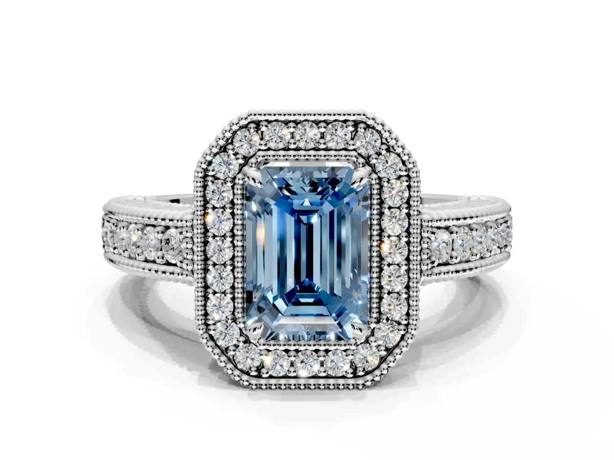 Milgrain Halo Engagement Ring Setting for Fancy Blue Emerald Cut Center with Pave Band and Prong Head in Platinum