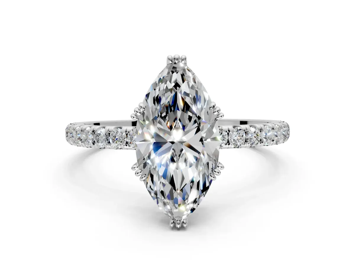 Solitaire Engagement Ring Setting for Marquise Center with Pave Band and Claw Prong Head in White Gold