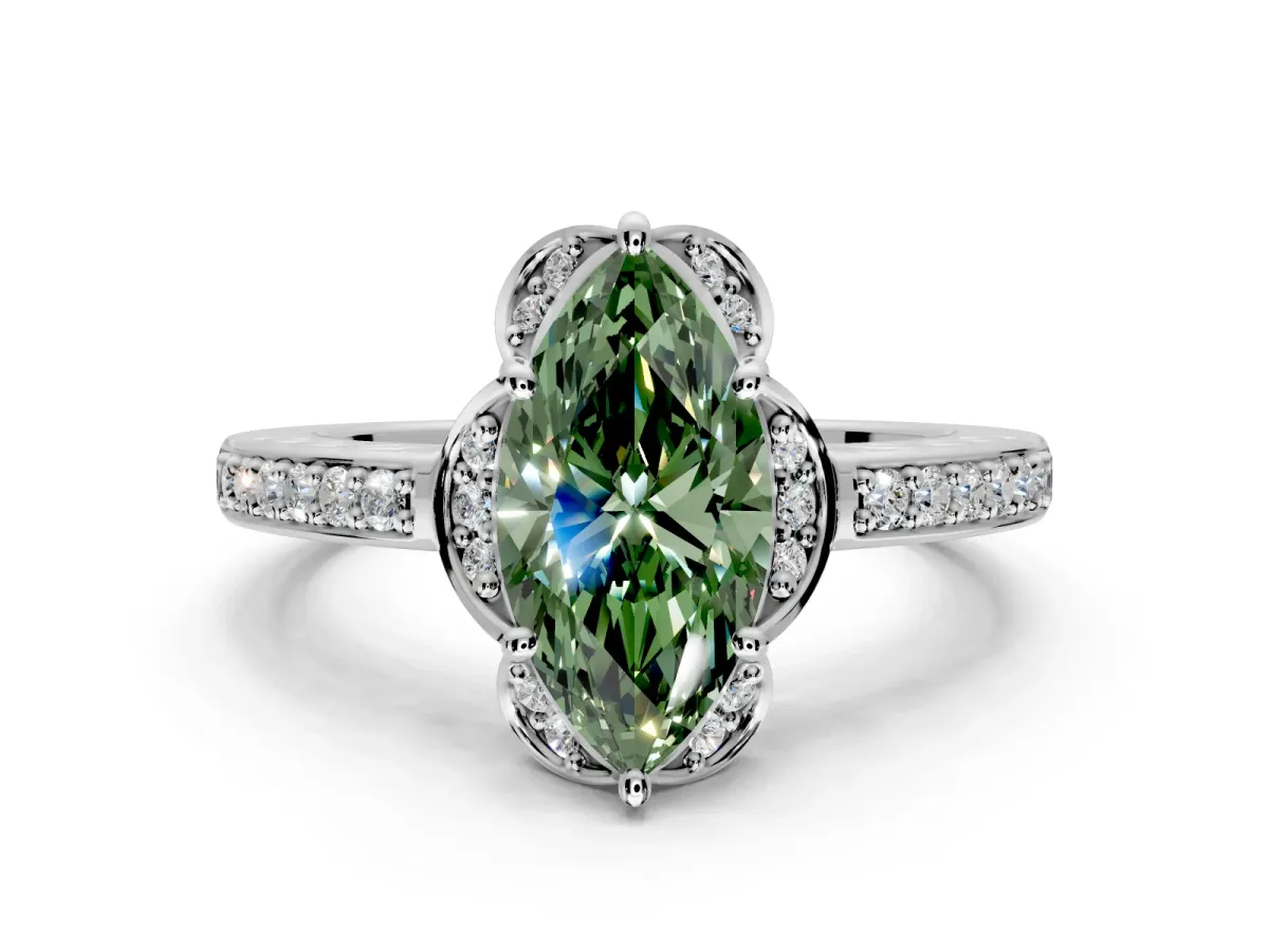 Floral Engagement Ring Setting for Fancy Green Marquise Center with Four Accent Clusters and Prong Head in Platinum