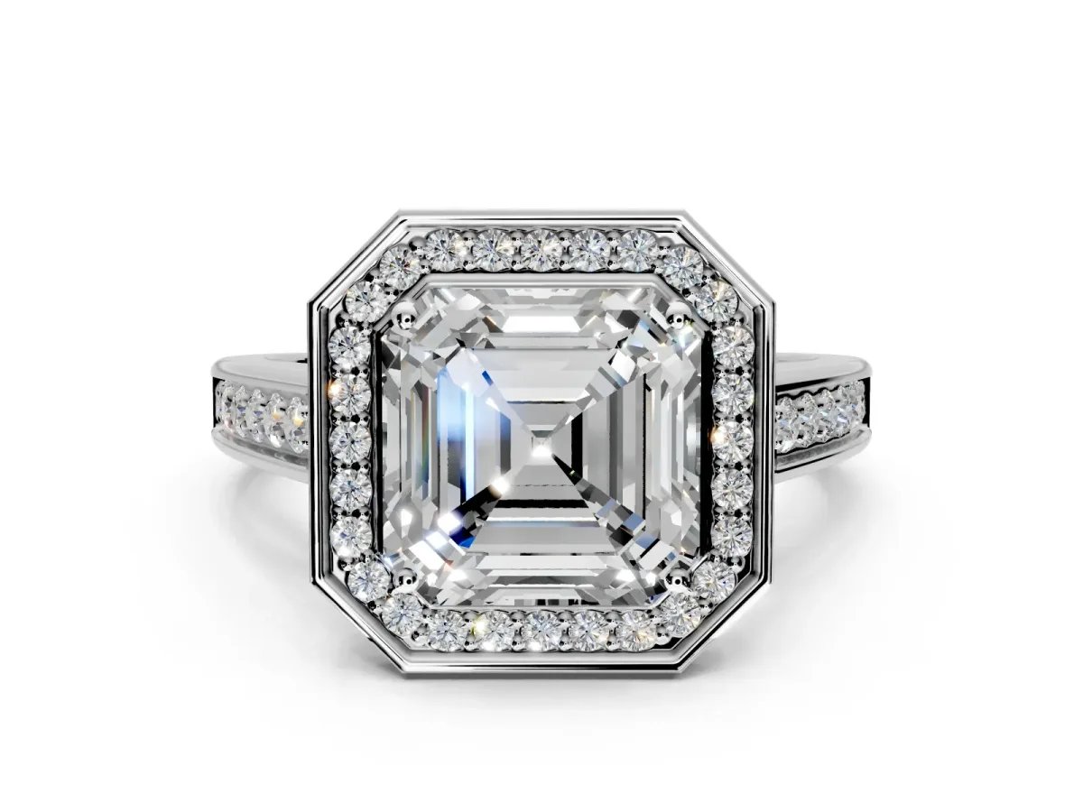 Halo Engagement Ring Setting for Asscher Cut Center with Outer Bezel Rim, Pave Band and Prong Head in Sterling Silver