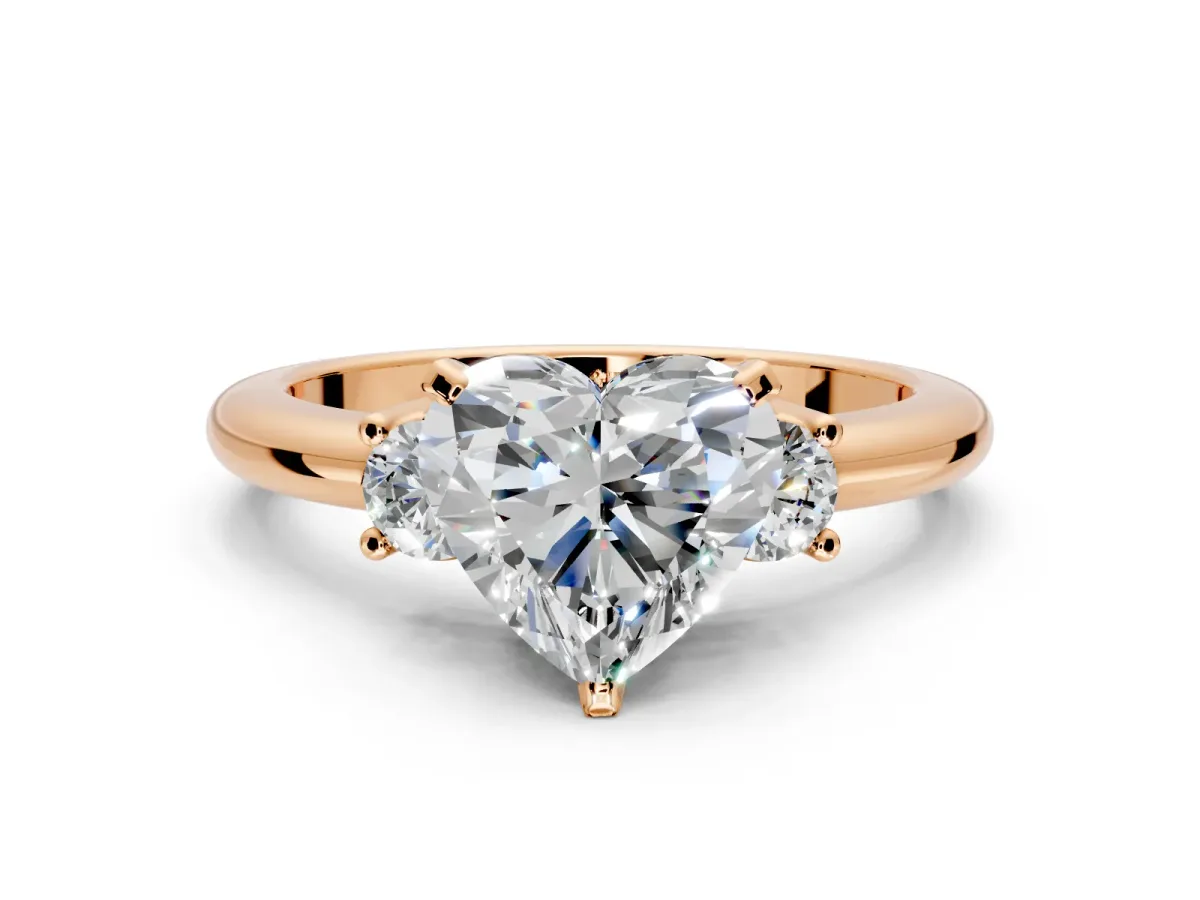 3 Stone Engagement Ring Setting for Heart-Shaped Center with Wide Plain Band and Prong Head in Rose Gold