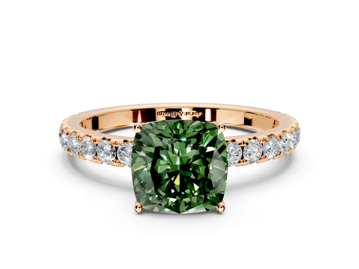 Solitaire Engagement Ring Setting for Fancy Green Cushion Cut Center with Large Accent Band and Prong Head in Rose Gold