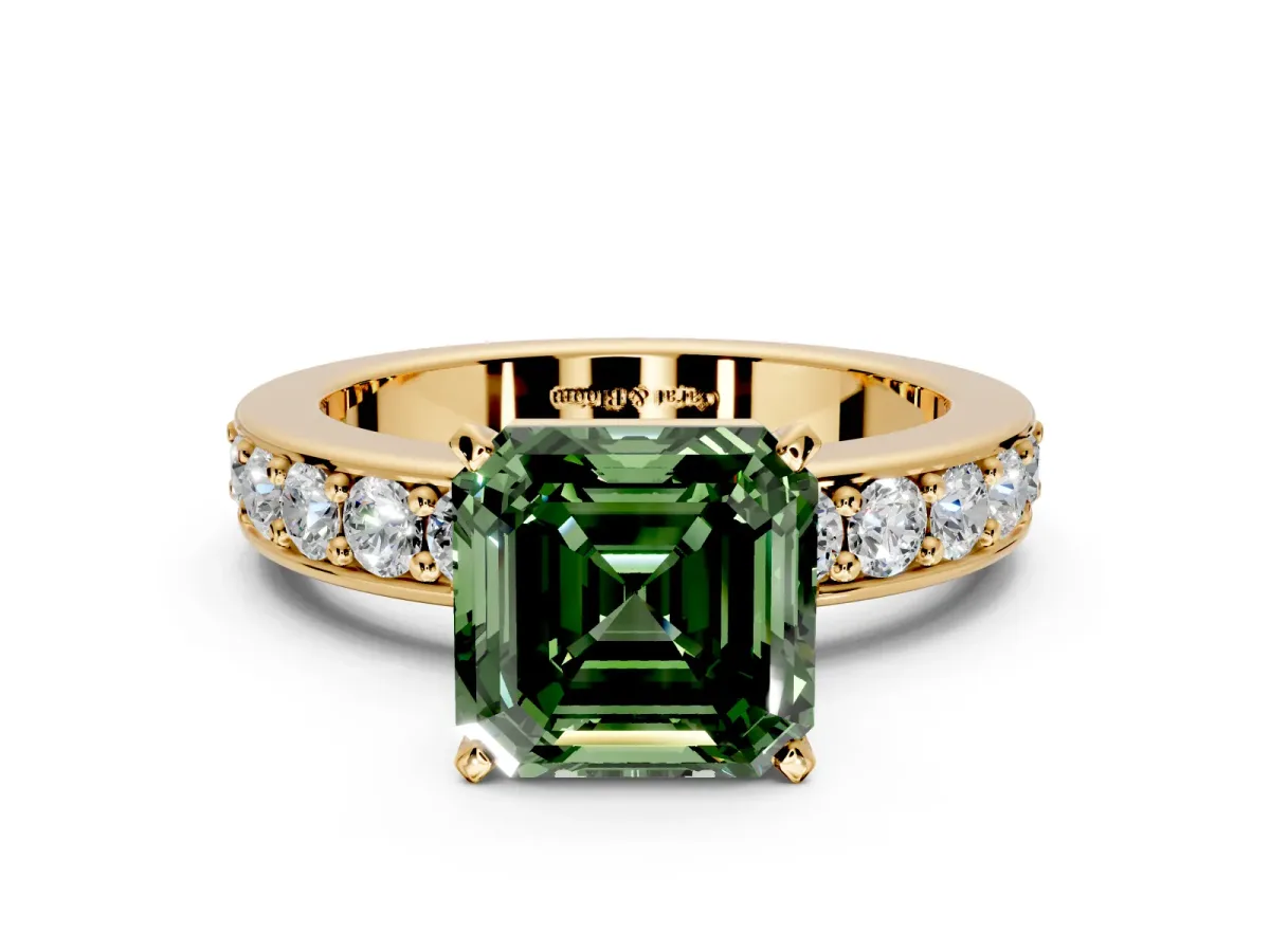 Solitaire Engagement Ring Setting for Fancy Green Asscher Cut Center with Channel-Set Accents and Prong Head in Yellow Gold