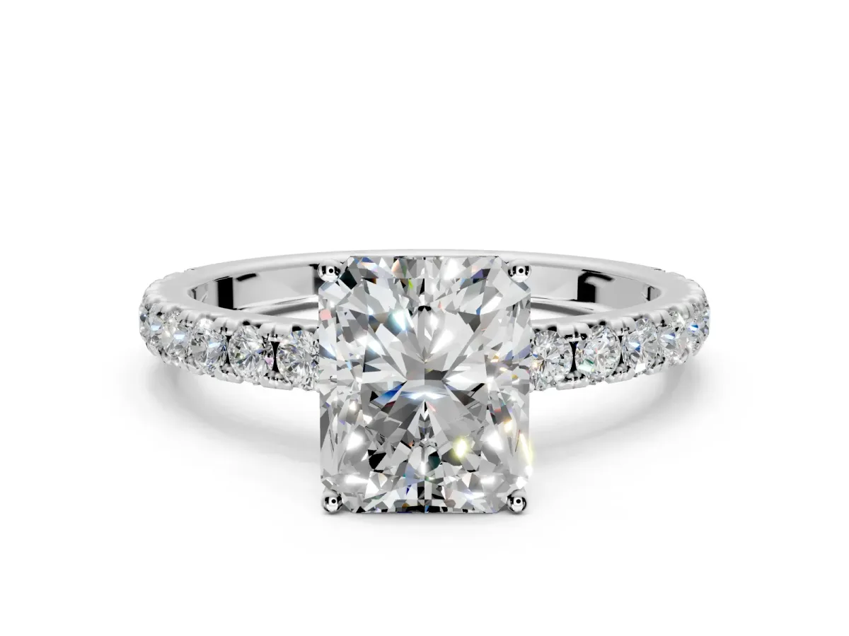 Solitaire Engagement Ring Setting for Radiant Cut Center with Large Accent Band and Prong Head in White Gold