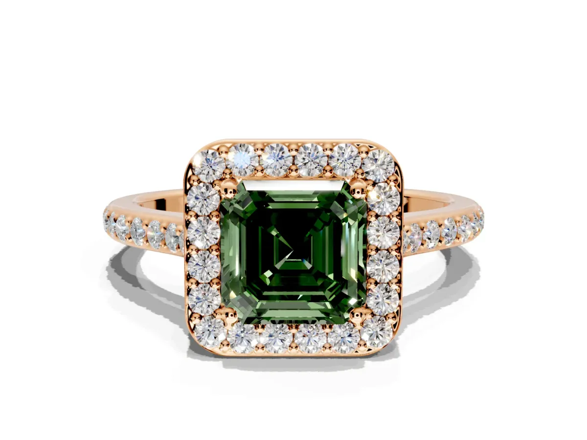 Halo Engagement Ring Setting for Fancy Green Asscher Cut Center with Pave Accents, Heart Basket and Prong Head in Rose Gold
