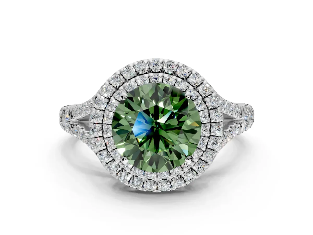 Double Halo Engagement Ring Setting for Fancy Green Round Cut Center with Narrow Pave Split Shank and Prong Head in Platinum