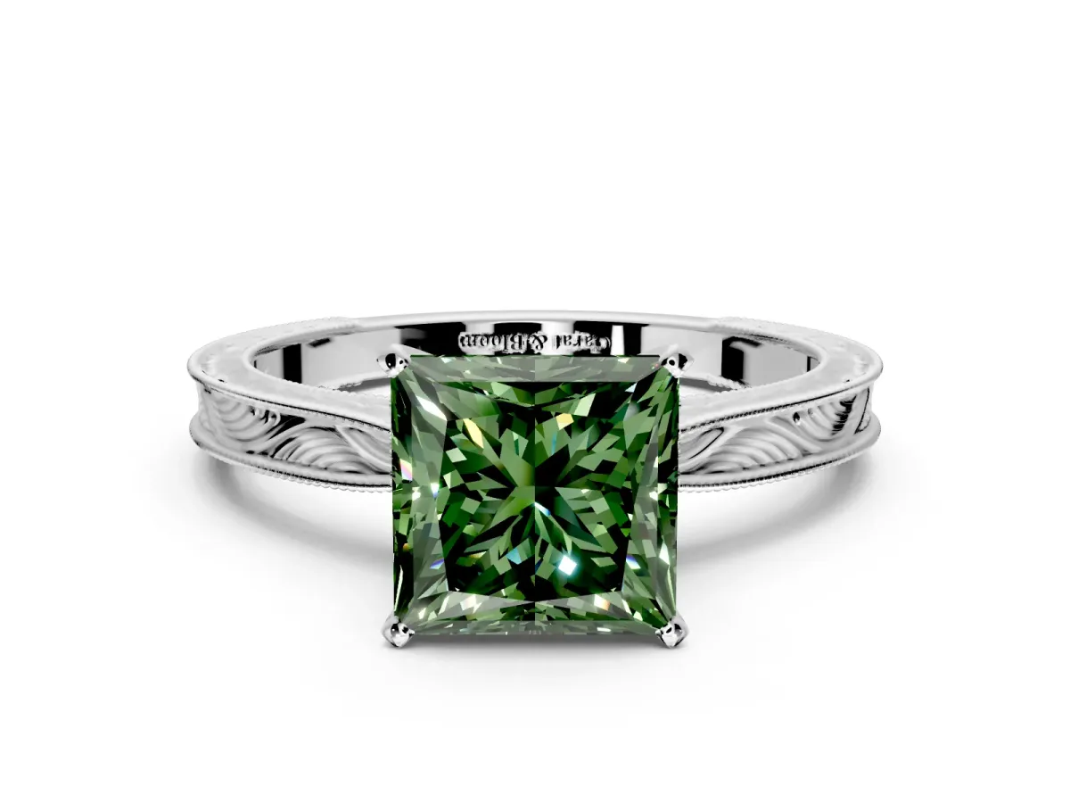 Solitaire Engagement Ring Setting for Fancy Green Princess Cut Center with Engraved Milgrain Band and Prong Head in Sterling Silver