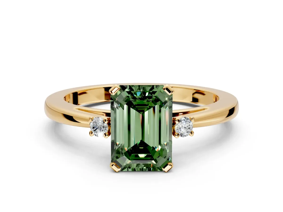 3 Stone Engagement Ring Setting for Fancy Green Emerald Cut Center with Low-Set Round Cut Accents and Prong Head in Yellow Gold