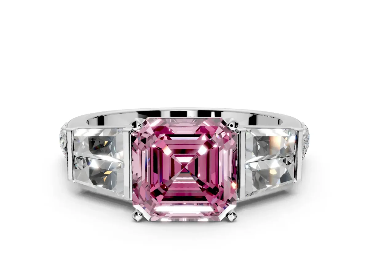 Channel-Set Engagement Ring Setting for Fancy Pink Asscher Cut Center with Baguette Band and Prong Head in Sterling Silver
