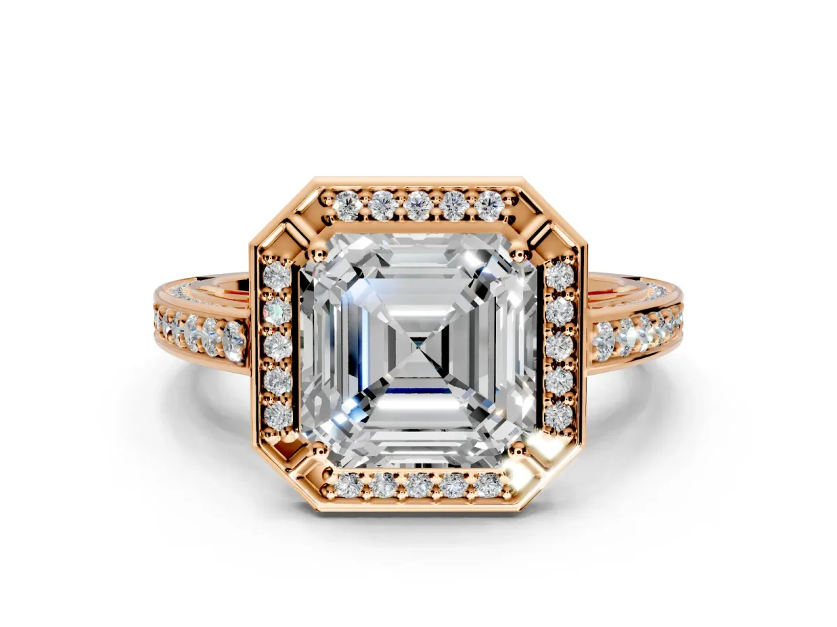 Halo Engagement Ring Setting for Asscher Cut Center with Framed Halo, Pave Band and Prong Head in Rose Gold