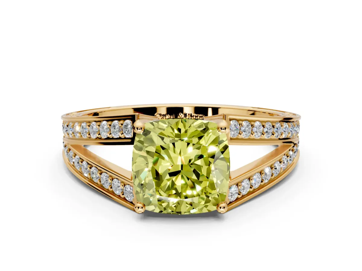 Split Shank Engagement Ring Setting for Fancy Yellow Cushion Cut Center with Pave Split Shank and Prong Head in Yellow Gold