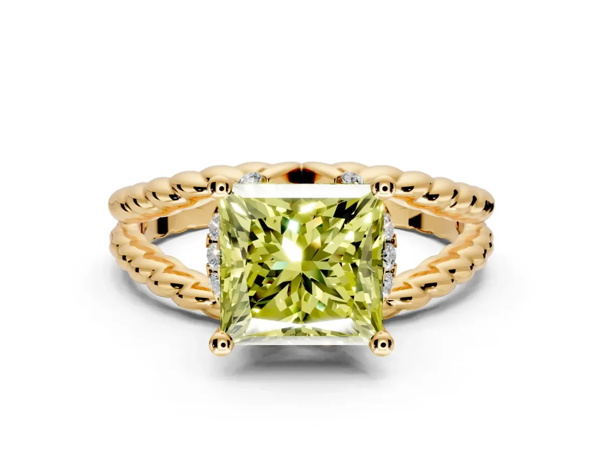 Halo Engagement Ring Setting for Fancy Yellow Princess Cut Center with Rope Twist Split Shank and Prong Head in Yellow Gold