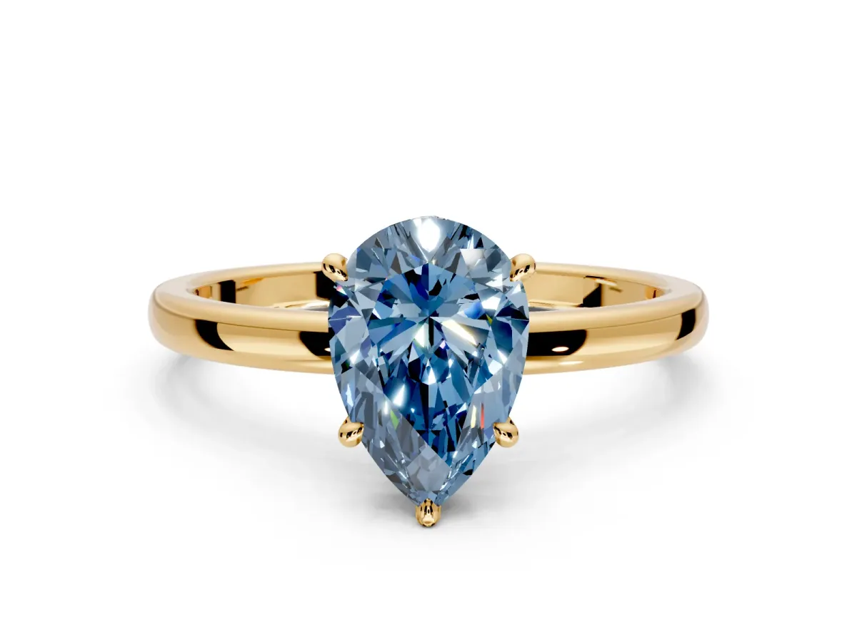 Hidden Halo Engagement Ring Setting for Fancy Blue Pear-Shaped Center with Plain Band and Tall Prong Head in Yellow Gold