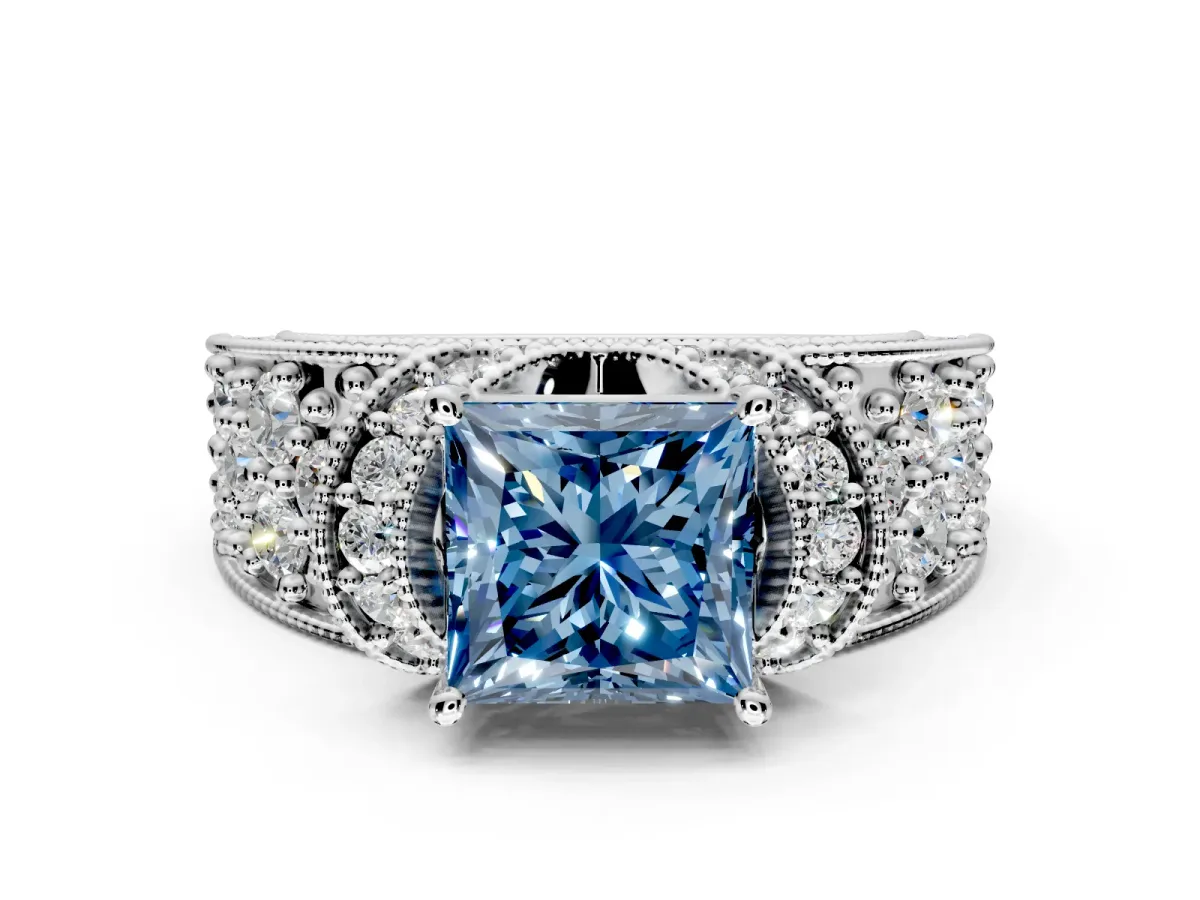 Pave Engagement Ring Setting for Fancy Blue Princess Cut Center with Curved Accent Rows, Openwork and Prong Head in White Gold