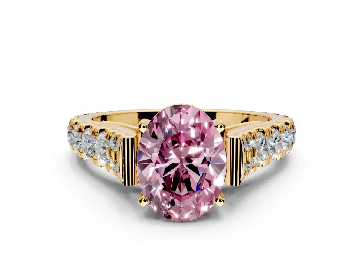 Solitaire Engagement Ring Setting for Fancy Pink Oval Center with Pave Cathedral Shoulders and Prong Head in Yellow Gold