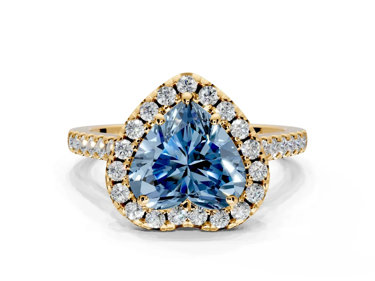Halo Engagement Ring Setting for Fancy Blue Heart-Shaped Center with Raised Halo, Pave Band and Prong Head in Yellow Gold