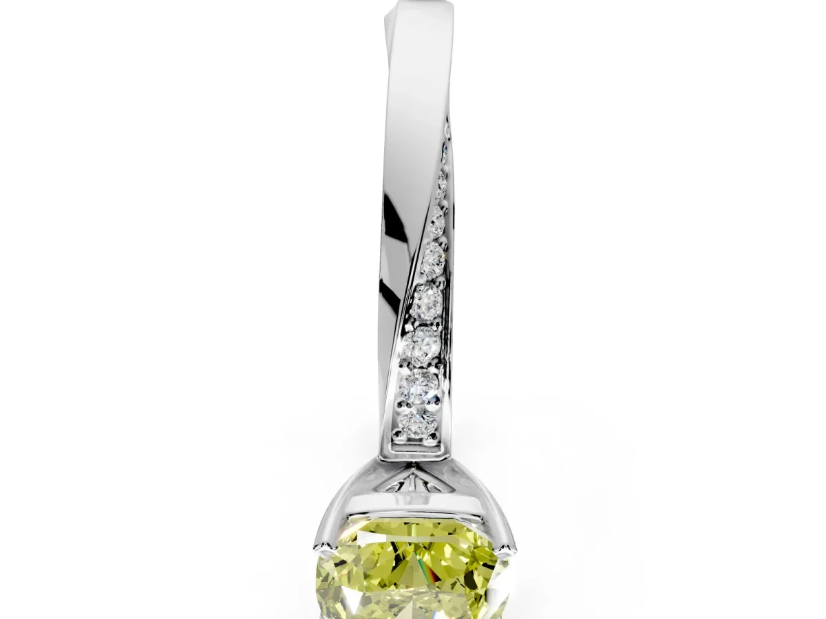 Side Accent Engagement Ring Setting for Fancy Yellow Cushion Cut Center with Accent Shoulders and Prong Head in White Gold