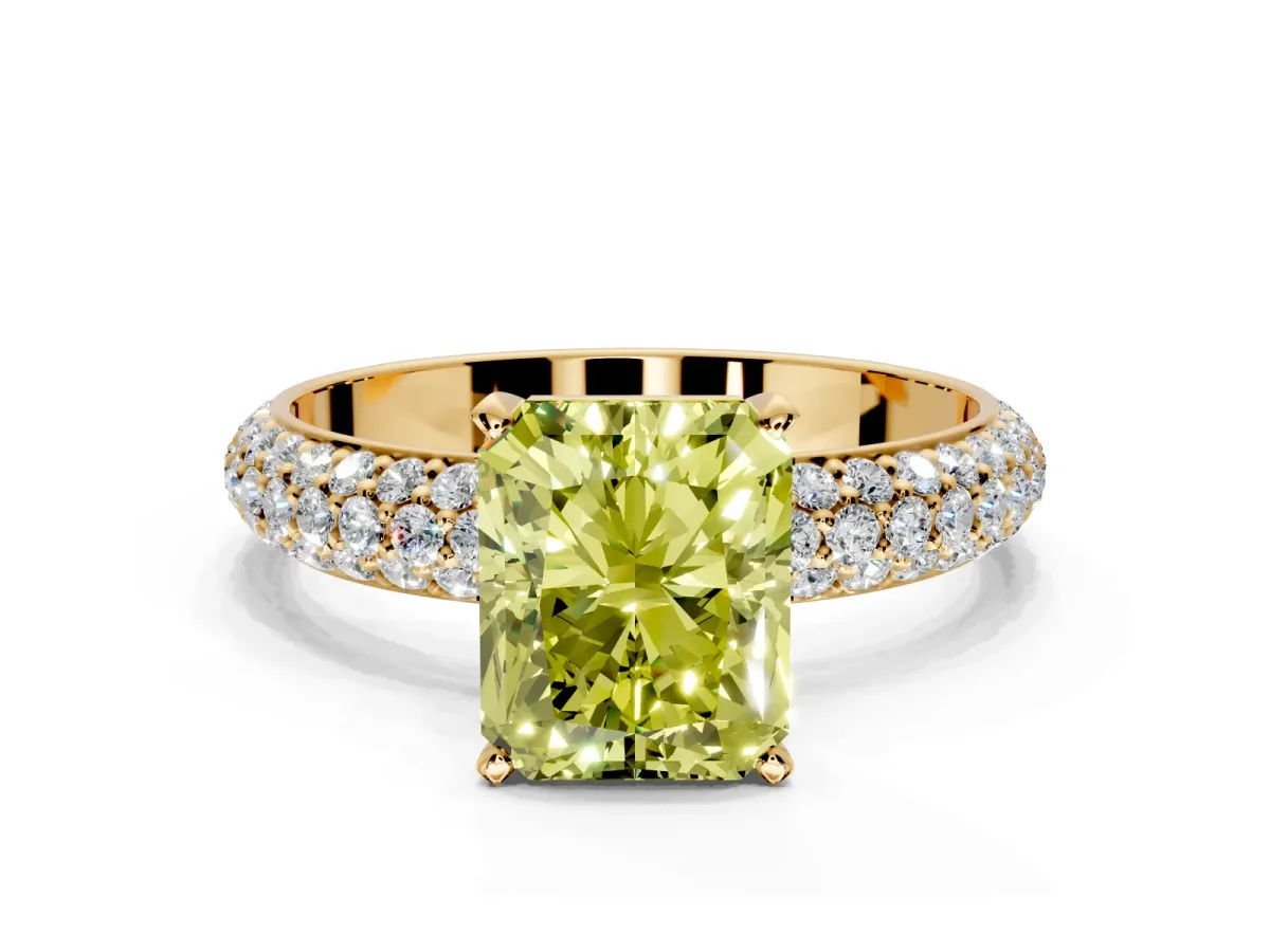Solitaire Engagement Ring Setting for Fancy Yellow Radiant Cut Center with Domed Multi-Row Pave Band and Prong Head in Yellow Gold