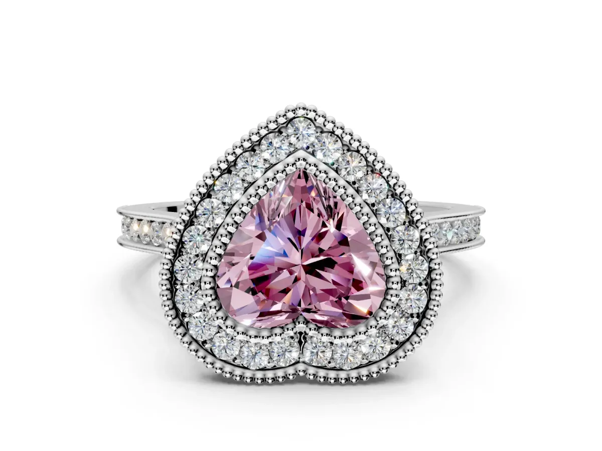 Halo Engagement Ring Setting for Fancy Pink Heart-Shaped Center with Milgrain Frame, Pave Band and Prong Head in White Gold