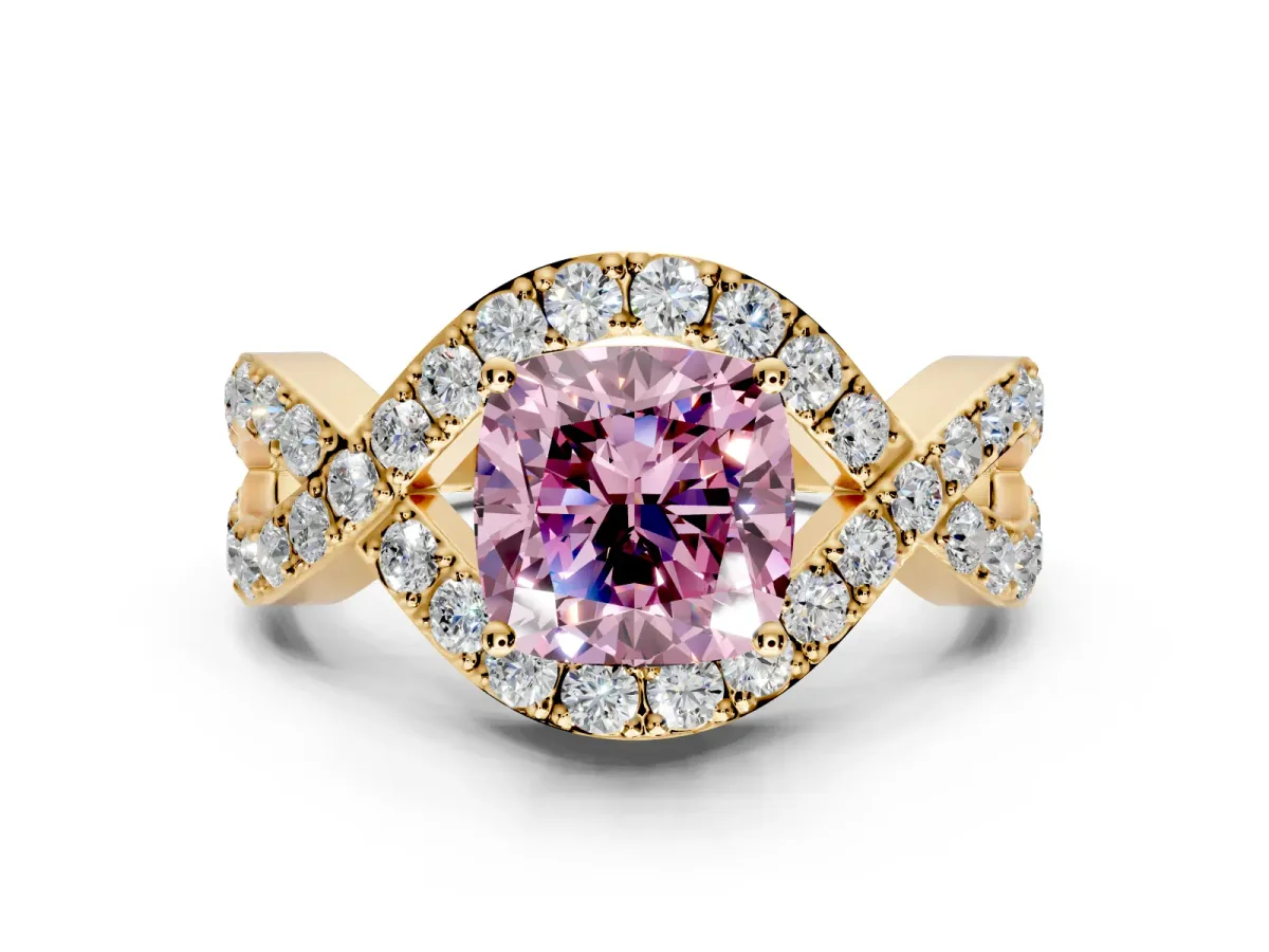 Halo Engagement Ring Setting for Fancy Pink Cushion Cut Center with Pave Infinity Twist Band and Prong Head in Yellow Gold