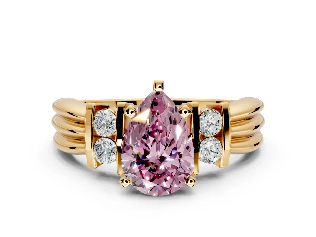 Solitaire Engagement Ring Setting for Fancy Pink Pear-Shaped Center with Grooved Bar Accent Band and Prong Head in Yellow Gold