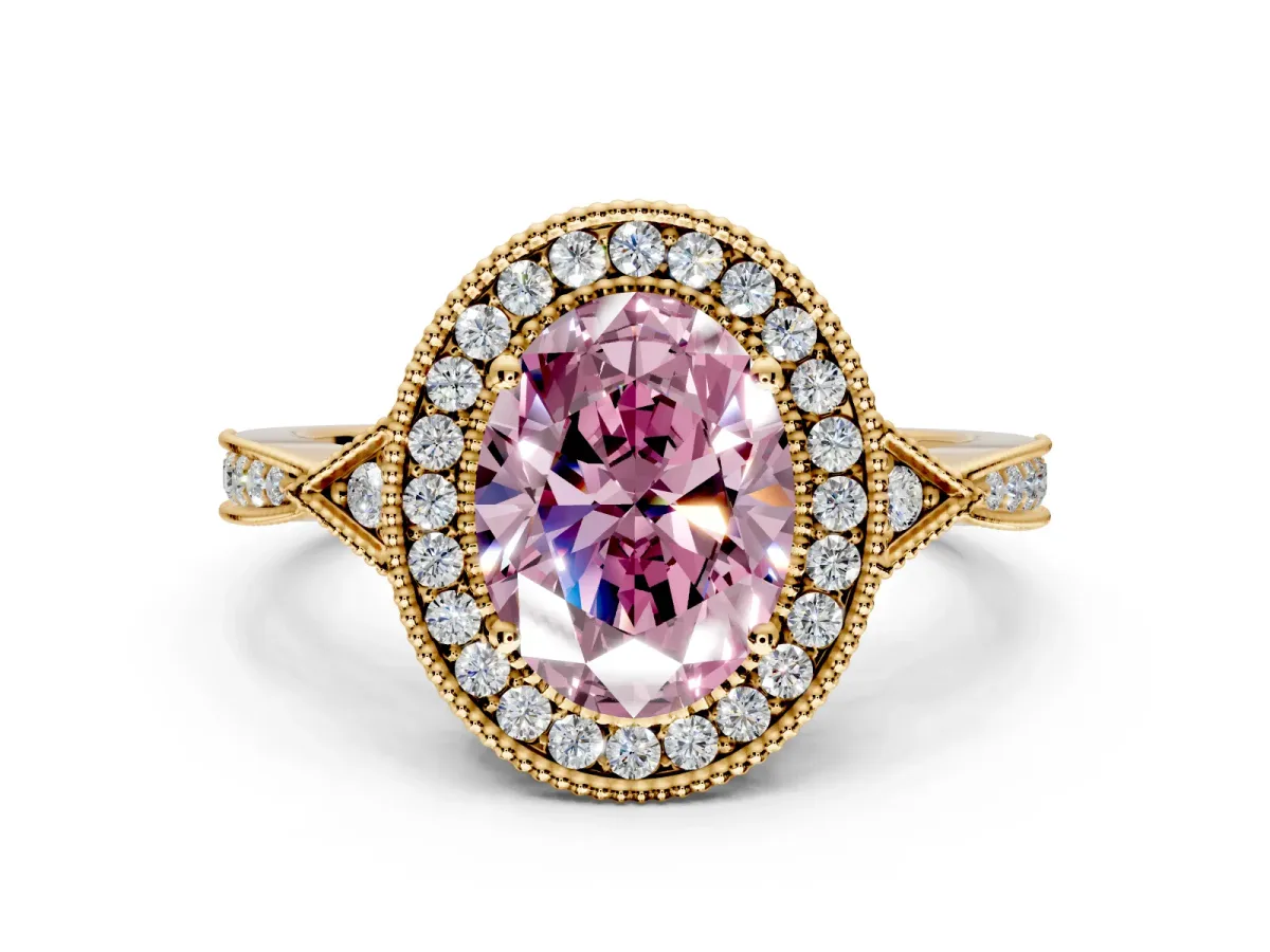 Halo Engagement Ring Setting for Fancy Pink Oval Center with Milgrain Rim, Pave Band and Prong Head in Yellow Gold
