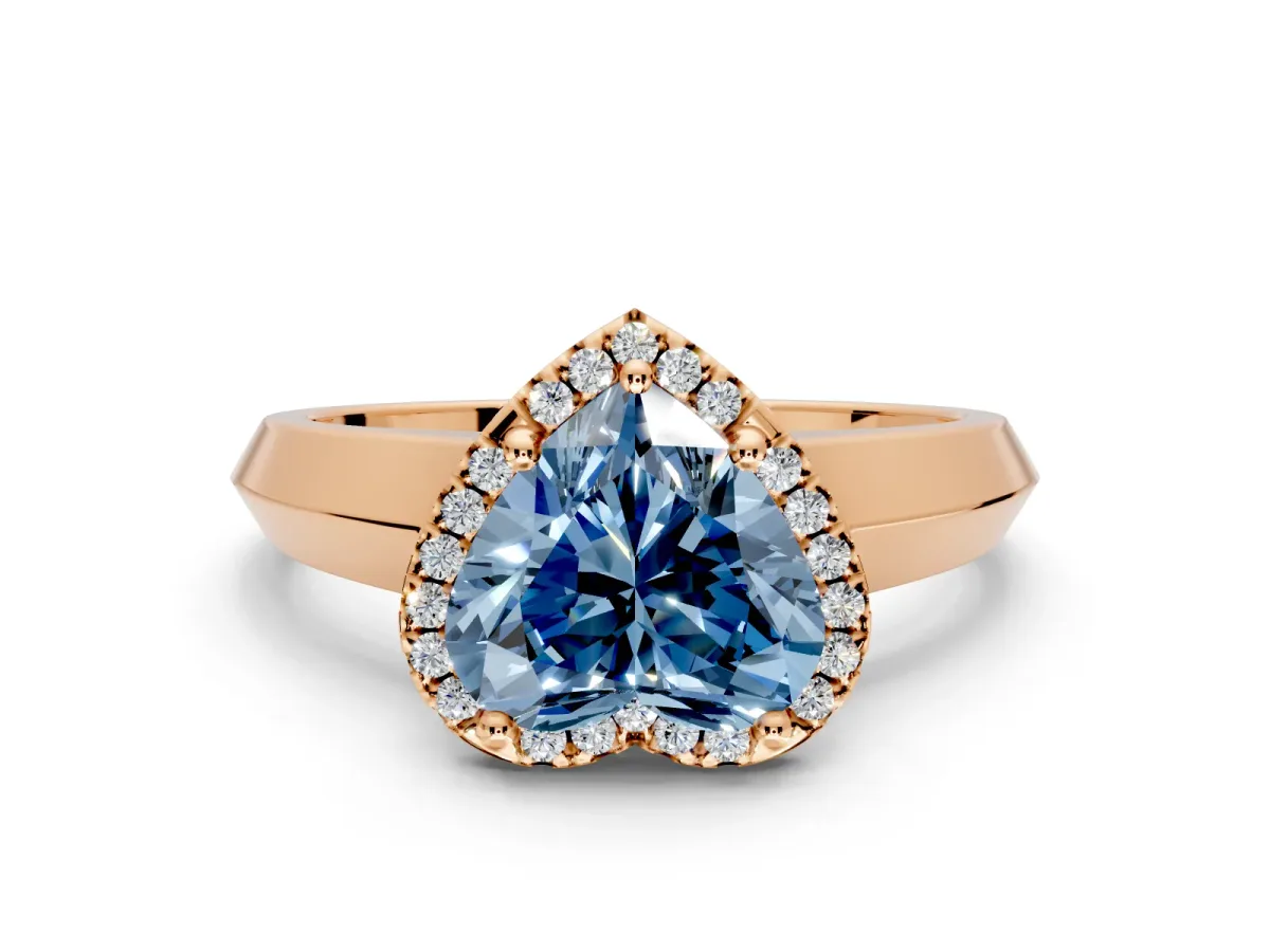 Halo Engagement Ring Setting for Fancy Blue Heart-Shaped Center with Knife Ridge Cathedral Band and Prong Head in Rose Gold