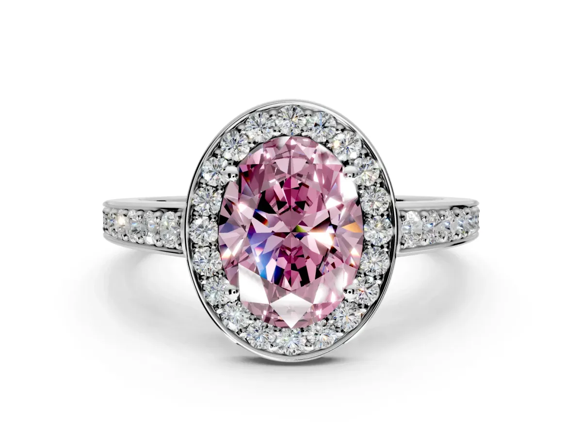 Bezel-Framed Halo Engagement Ring Setting for Fancy Pink Oval Center with Pave Band and Prong Head in Platinum