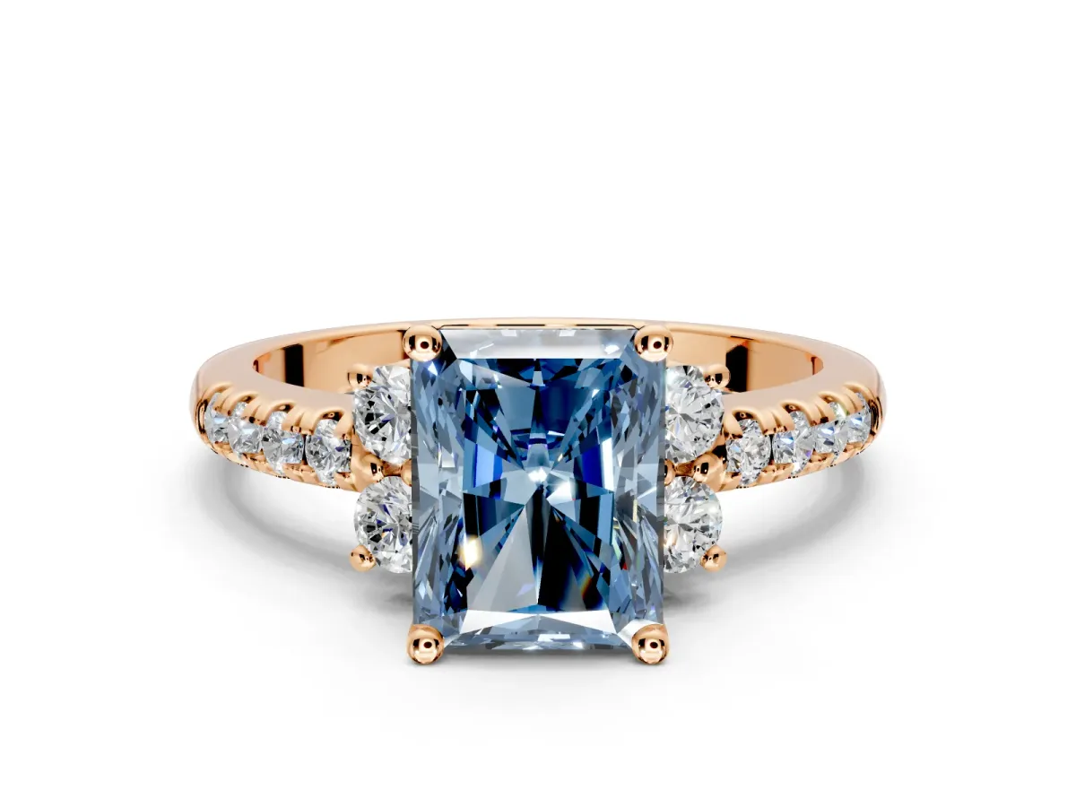 Paired Accent Engagement Ring Setting for Fancy Blue Radiant Cut Center with Pave Band and Prong Head in Rose Gold