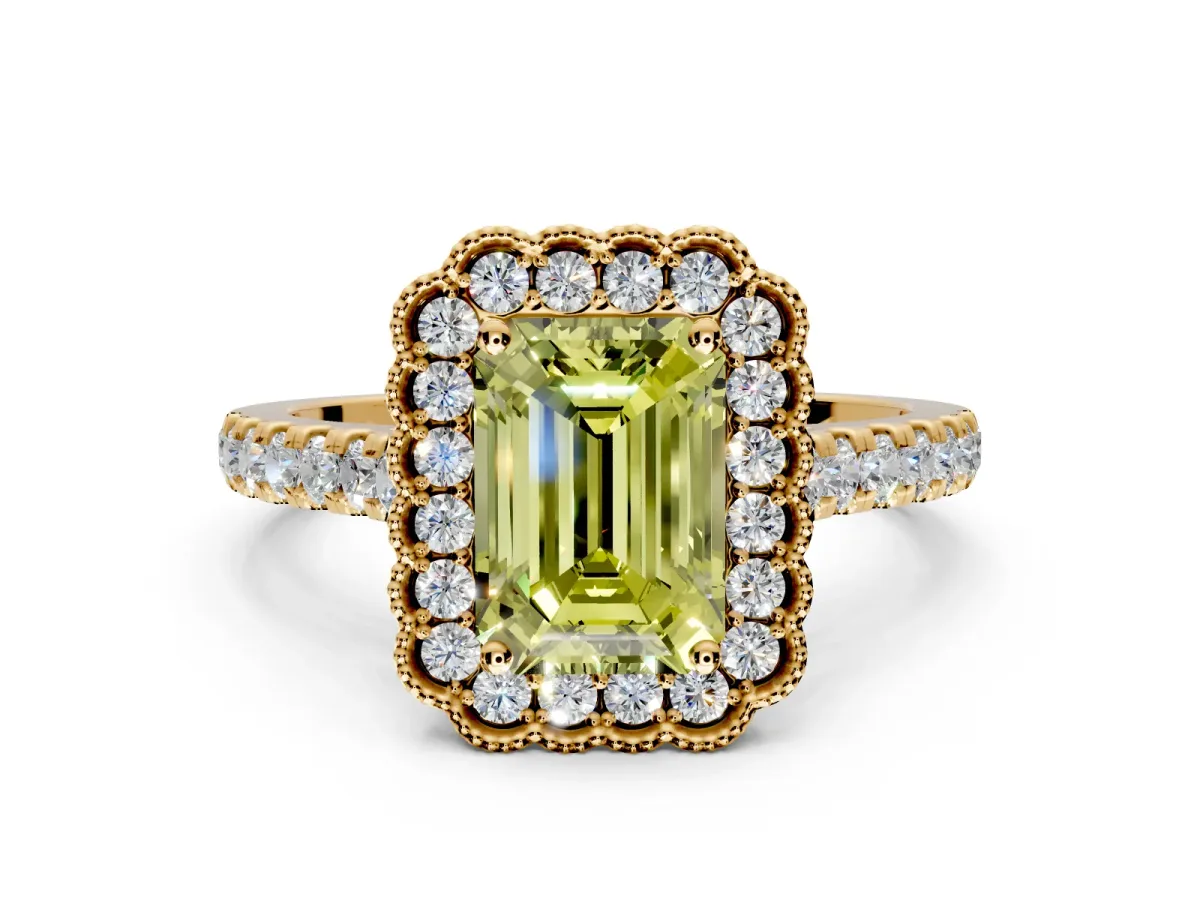 Milgrain Floral Halo Engagement Ring Setting for Fancy Yellow Emerald Cut Center with Pave Band and Prong Head in Yellow Gold