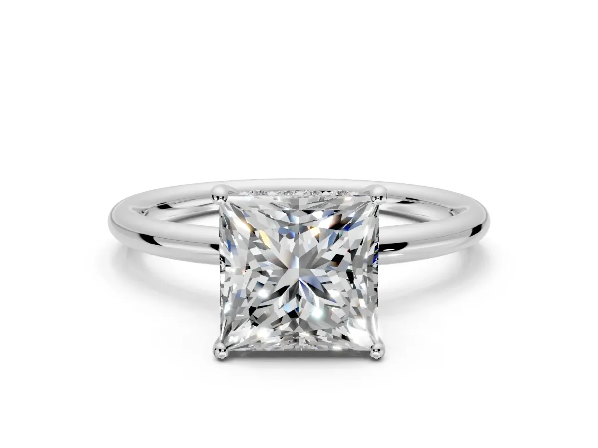 Solitaire Engagement Ring Setting for Princess Cut Center with Plain Band, Open Basket and Prong Head in Platinum