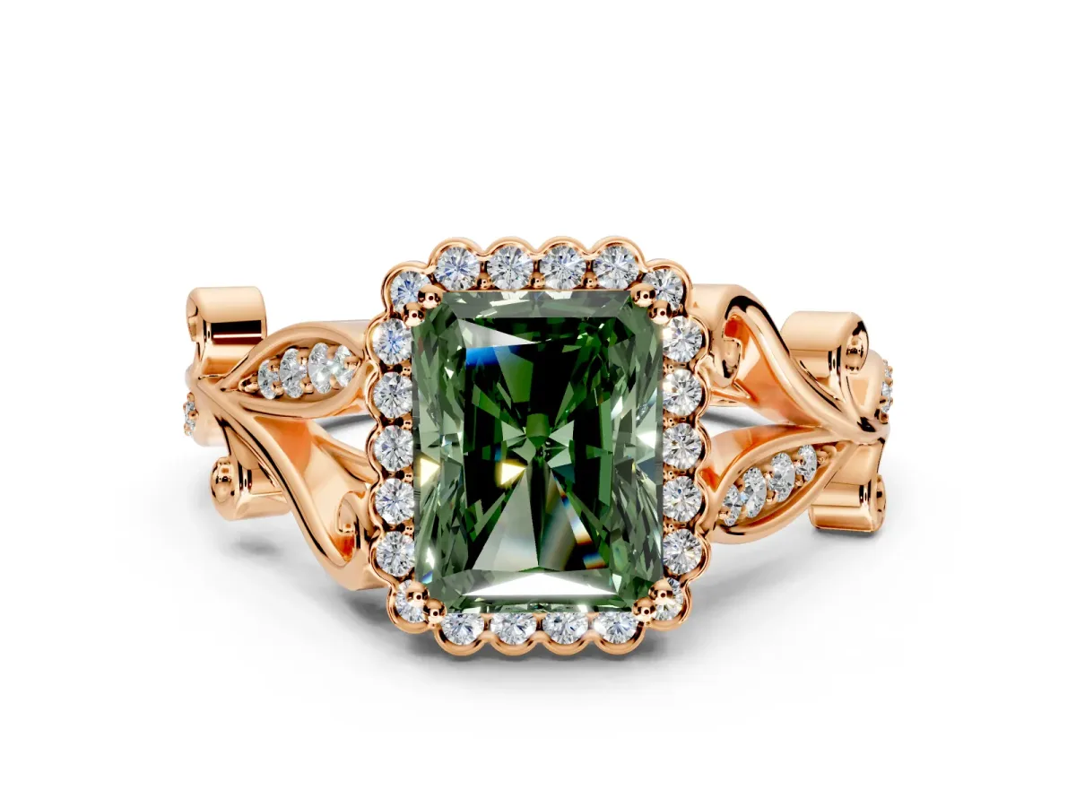 Halo Engagement Ring Setting for Fancy Green Radiant Cut Center with Leaf Motif Split Shank and Prong Head in Rose Gold