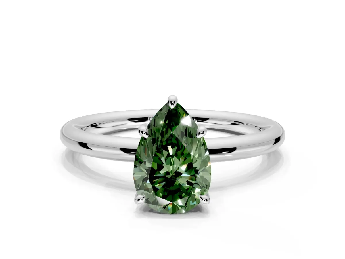 Hidden Halo Engagement Ring Setting for Fancy Green Pear-Shaped Center with Thin Rounded Band and Prong Head in Sterling Silver
