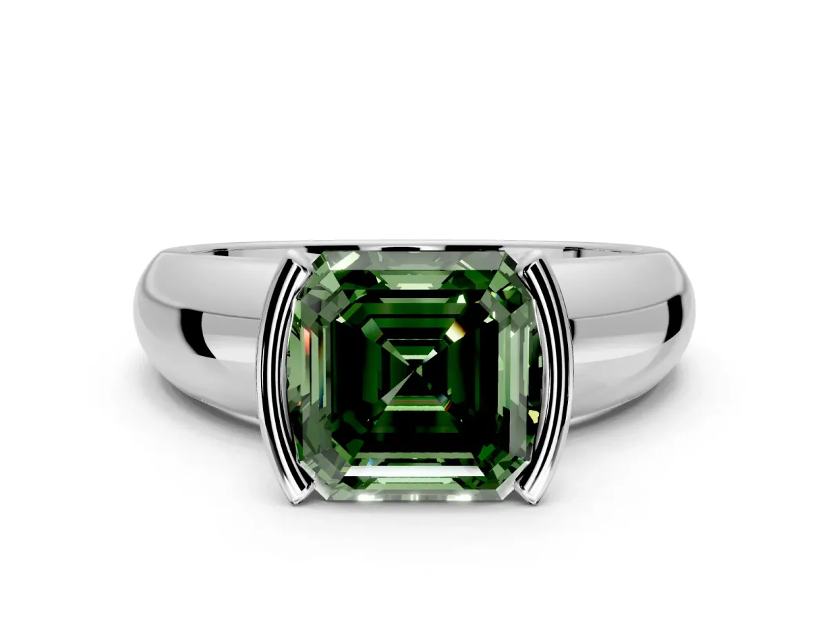 Tension Engagement Ring Setting for Fancy Green Asscher Cut Center with Wide Flat Band and Tension Head in White Gold