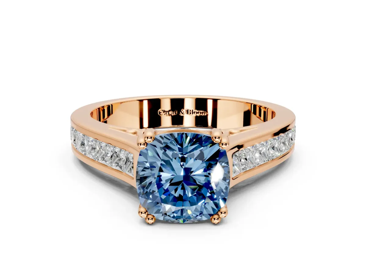 Solitaire Engagement Ring Setting for Fancy Blue Cushion Cut Center with Channel Band and Double Claw Prong Head in Rose Gold