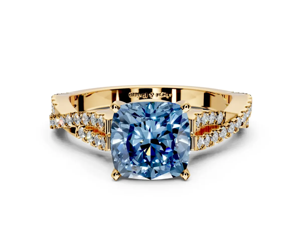 Solitaire Engagement Ring Setting for Fancy Blue Cushion Cut Center with Twisted Pave Split Shank and Prong Head in Yellow Gold