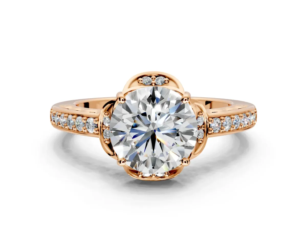 Floral Engagement Ring Setting for Round Cut Center with Four Accent Clusters and Prong Head in Rose Gold
