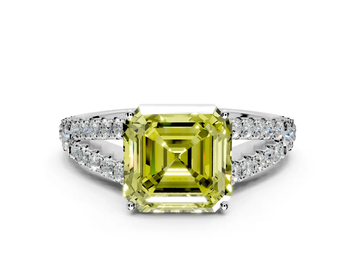 Solitaire Engagement Ring Setting for Fancy Yellow Asscher Cut Center with Pave Split Shank and Prong Head in White Gold