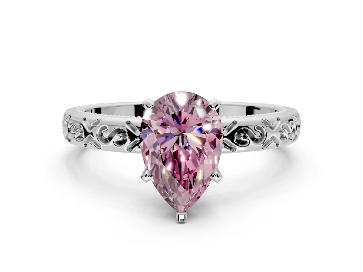 Solitaire Engagement Ring Setting for Fancy Pink Pear-Shaped Center with Scrollwork Band and Prong Head in Sterling Silver