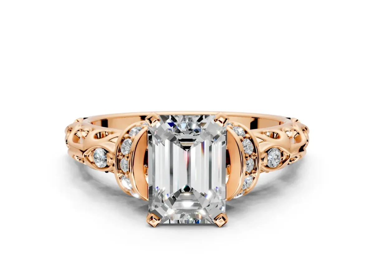Solitaire Engagement Ring Setting for Emerald Cut Center with Filigree Band and Prong Head in Rose Gold