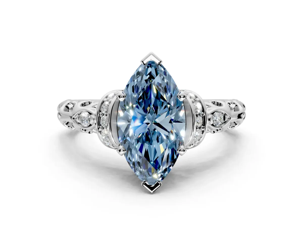 Solitaire Engagement Ring Setting for Fancy Blue Marquise Center with Filigree Band and Prong Head in Platinum