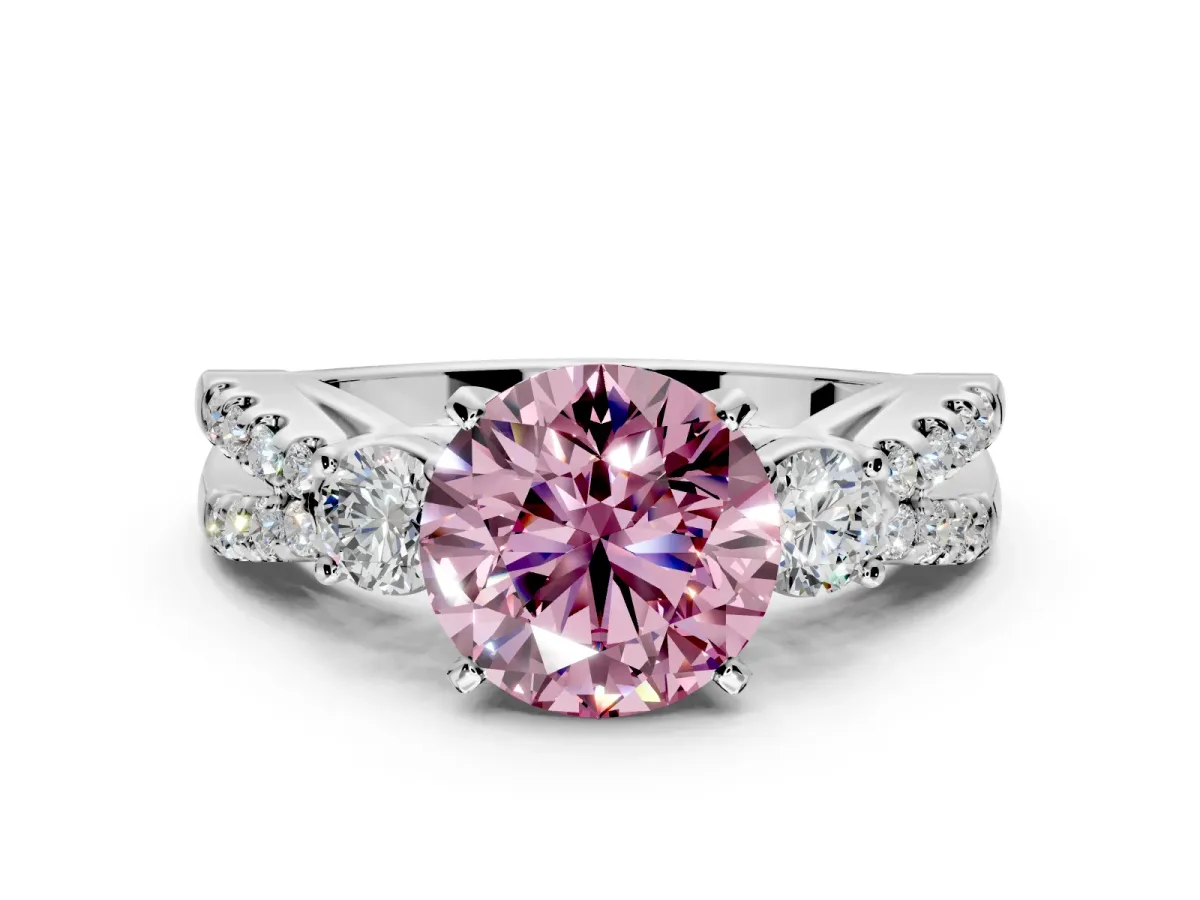 3 Stone Engagement Ring Setting for Fancy Pink Round Cut Center with Pave Split Shank and Prong Head in Sterling Silver