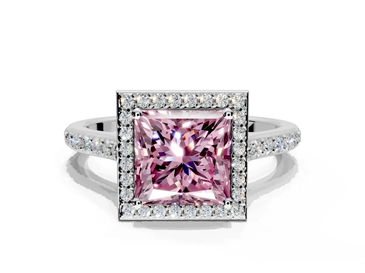 Halo Engagement Ring Setting for Fancy Pink Princess Cut Center with Pave Accents, Heart Basket and Prong Head in Sterling Silver