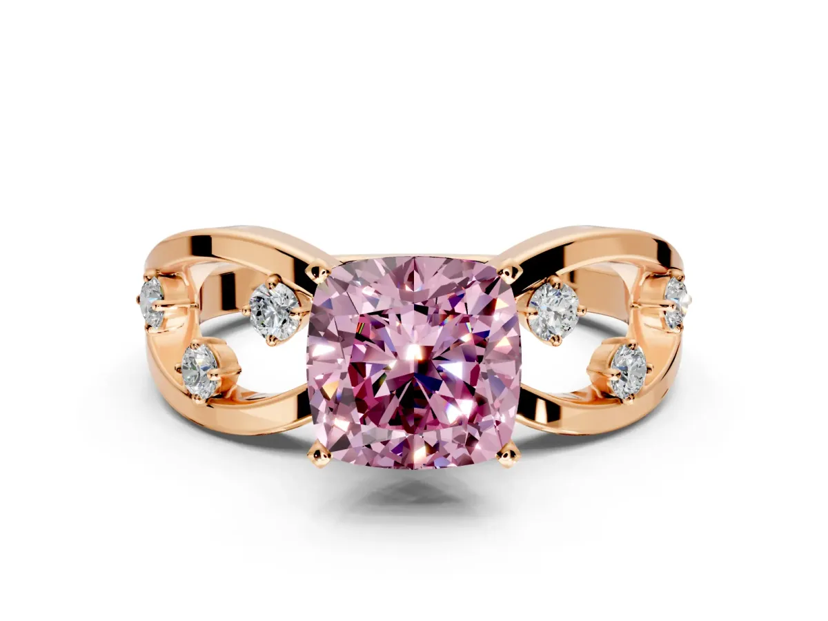 Solitaire Engagement Ring Setting for Fancy Pink Cushion Cut Center with Criss-Cross Accent Band and Prong Head in Rose Gold