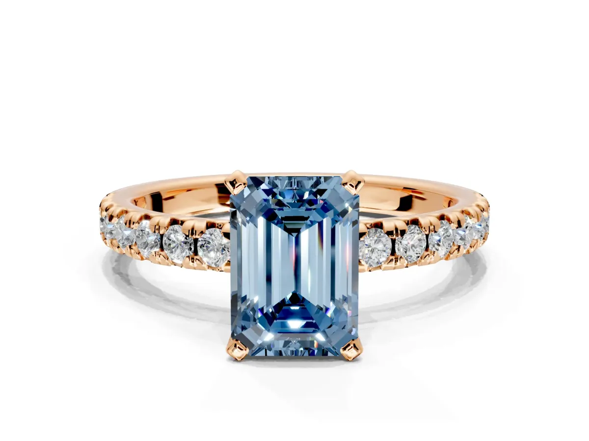 Solitaire Engagement Ring Setting for Fancy Blue Emerald Cut Center with Large Accents and Prong Head in Rose Gold