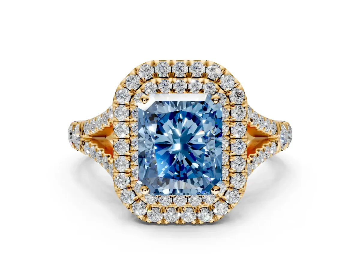 Double Halo Engagement Ring Setting for Fancy Blue Radiant Cut Center with Narrow Pave Split Shank and Prong Head in Yellow Gold