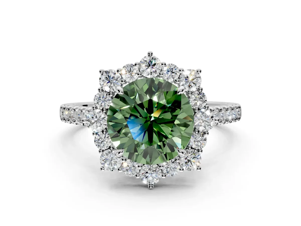 Halo Engagement Ring Setting for Fancy Green Round Cut Center with Single-Row Pave, Open Basket and Prong Head in Platinum