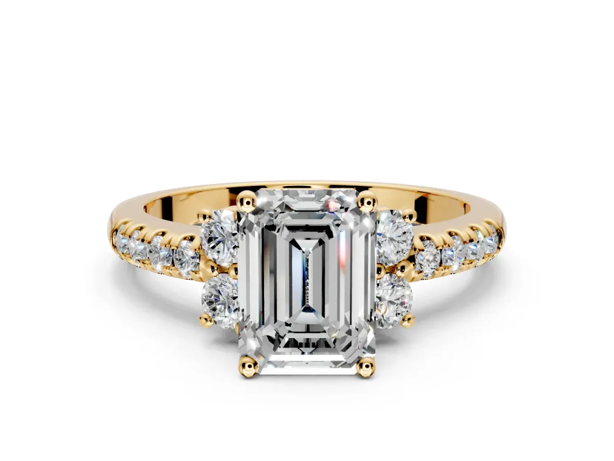 Paired Accent Engagement Ring Setting for Emerald Cut Center with Pave Band and Prong Head in Yellow Gold