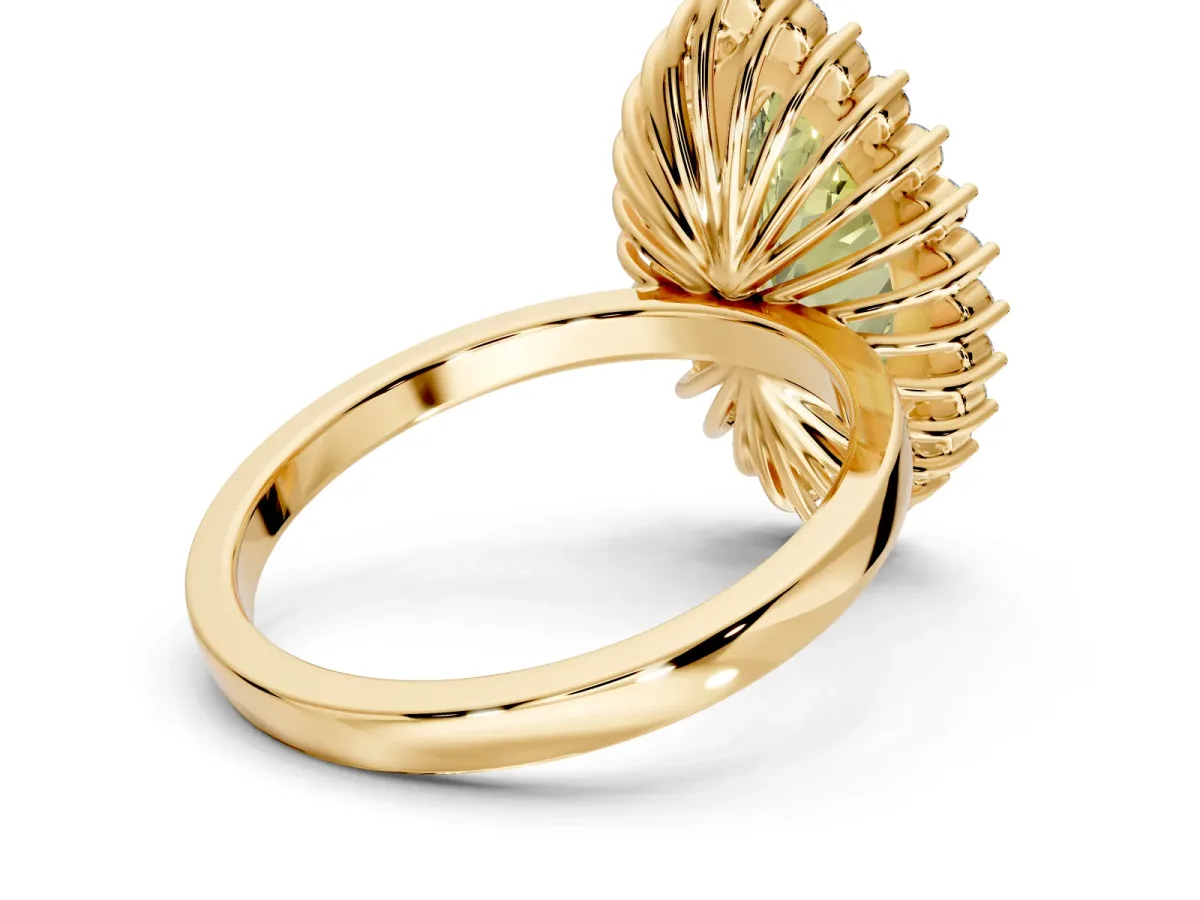 Halo Engagement Ring Setting for Fancy Yellow Marquise Center with Milgrain Bezel Rim, Plain Band and Prong Head in Yellow Gold